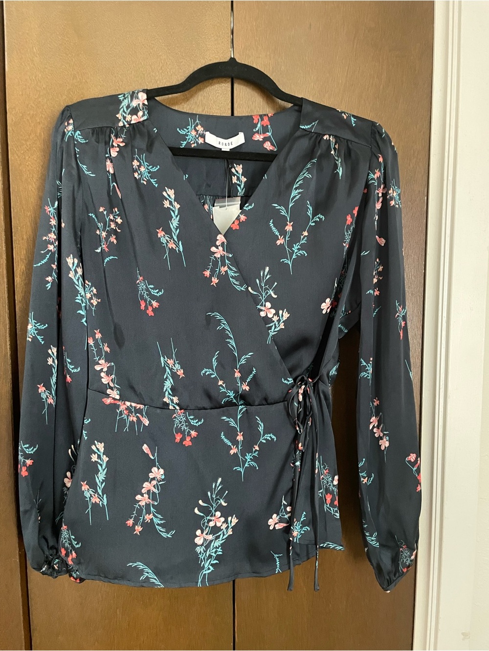 Ro & De Black Floral Wrap Blouse with Teal & Pink Accents